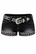 Y2K Low-Rise Denim Shorts mit Leoparden-Umschlag und Strass-Gürtel