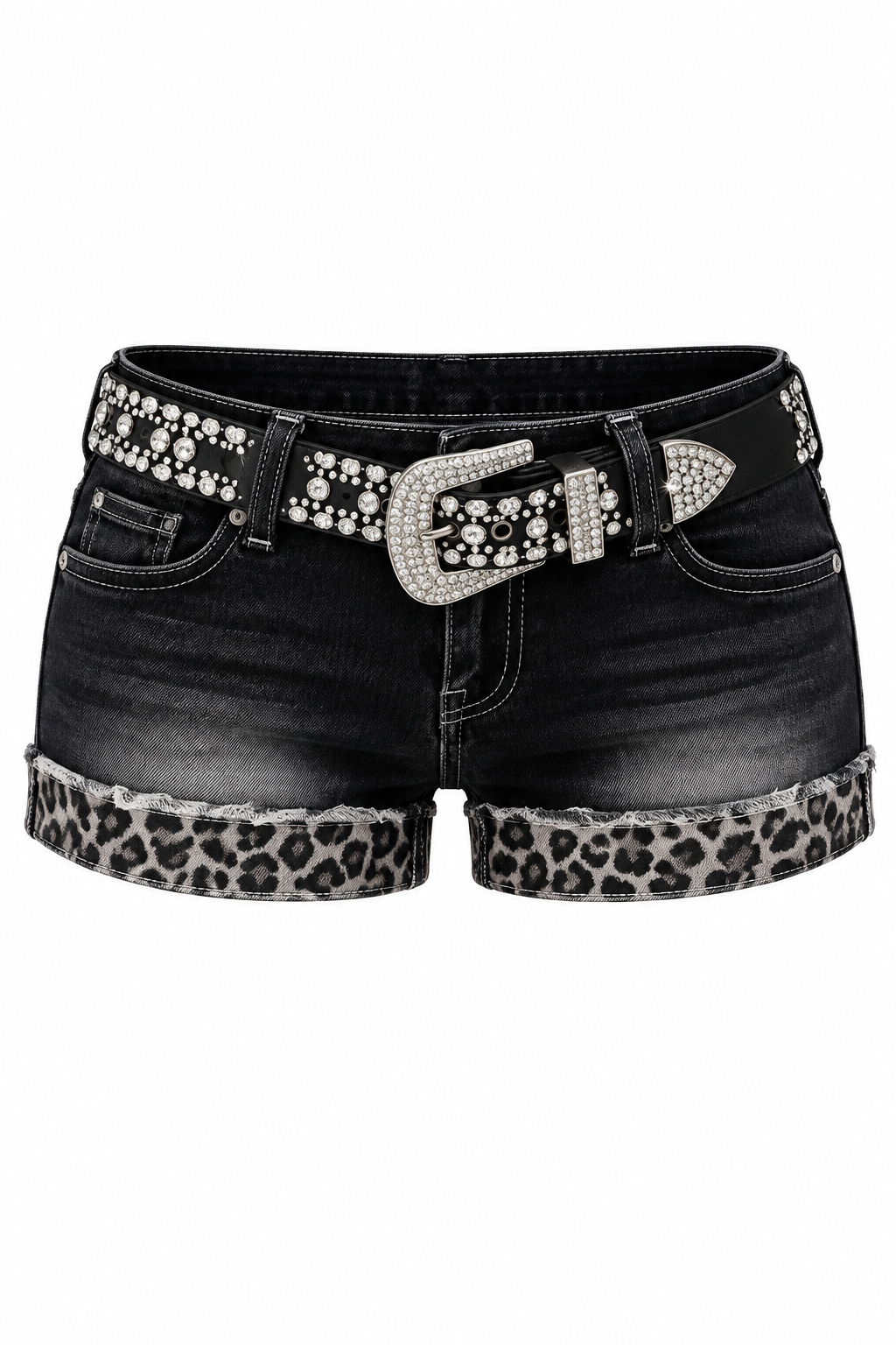 Y2K Low-Rise Denim Shorts mit Leoparden-Umschlag und Strass-Gürtel