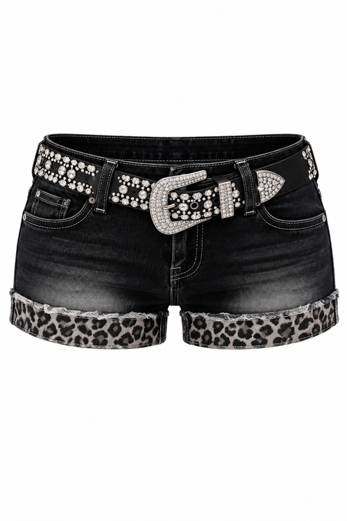 Y2K Low-Rise Denim Shorts mit Leoparden-Umschlag und Strass-Gürtel