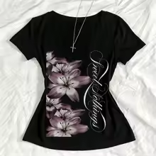 Schwarzes Shirt mit floralem Lilien-Print und geschwungenem Schriftzug